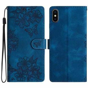 For iPhone XS Max Cherry Blossom Butterfly Skin Feel Embossed PU Phone Case(Blue)