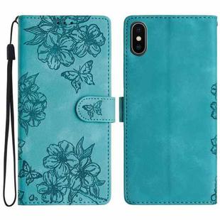 For iPhone XS Max Cherry Blossom Butterfly Skin Feel Embossed PU Phone Case(Green)