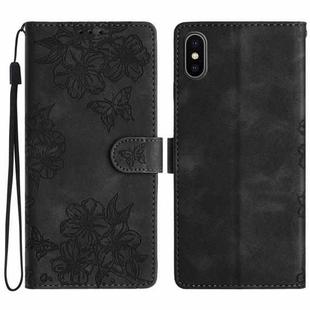 For iPhone XS Max Cherry Blossom Butterfly Skin Feel Embossed PU Phone Case(Black)