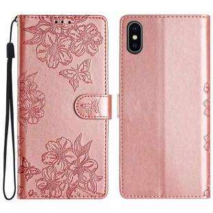 For iPhone XS Max Cherry Blossom Butterfly Skin Feel Embossed PU Phone Case(Rose Gold)