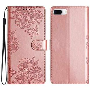 For iPhone 8 Plus / 7 Plus Cherry Blossom Butterfly Skin Feel Embossed PU Phone Case(Rose Gold)