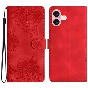 For iPhone 16 Cherry Blossom Butterfly Skin Feel Embossed PU Phone Case(Red)