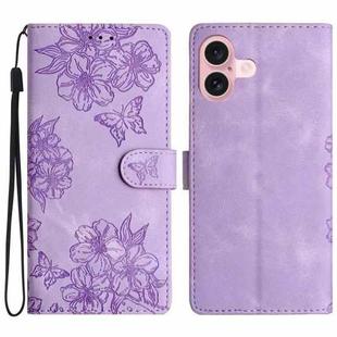 For iPhone 16 Cherry Blossom Butterfly Skin Feel Embossed PU Phone Case(Purple)