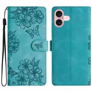 For iPhone 16 Cherry Blossom Butterfly Skin Feel Embossed PU Phone Case(Green)