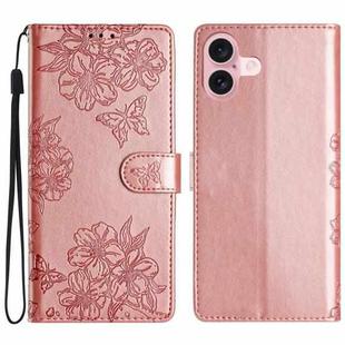 For iPhone 16 Cherry Blossom Butterfly Skin Feel Embossed PU Phone Case(Rose Gold)