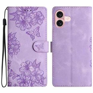 For iPhone 16 Plus Cherry Blossom Butterfly Skin Feel Embossed PU Phone Case(Purple)