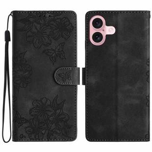 For iPhone 16 Plus Cherry Blossom Butterfly Skin Feel Embossed PU Phone Case(Black)