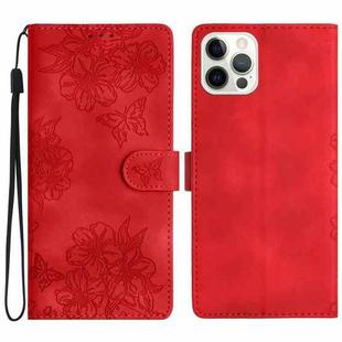 For iPhone 16 Pro Cherry Blossom Butterfly Skin Feel Embossed PU Phone Case(Red)