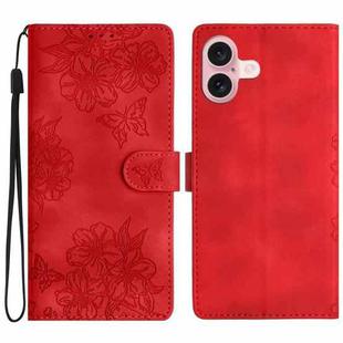 For iPhone 17 Cherry Blossom Butterfly Skin Feel Embossed PU Phone Case(Red)