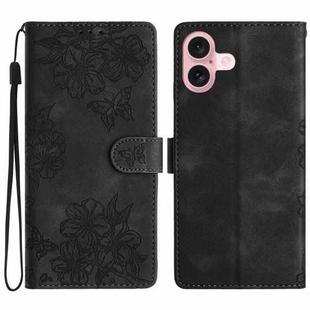 For iPhone 17 Cherry Blossom Butterfly Skin Feel Embossed PU Phone Case(Black)