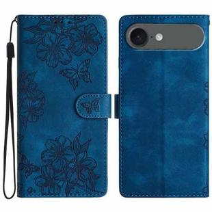 For iPhone 17 Air Cherry Blossom Butterfly Skin Feel Embossed PU Phone Case(Blue)