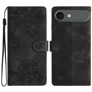 For iPhone 17 Air Cherry Blossom Butterfly Skin Feel Embossed PU Phone Case(Black)