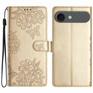 For iPhone 17 Air Cherry Blossom Butterfly Skin Feel Embossed PU Phone Case(Gold)