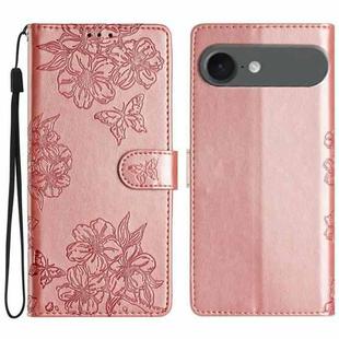 For iPhone 17 Air Cherry Blossom Butterfly Skin Feel Embossed PU Phone Case(Rose Gold)