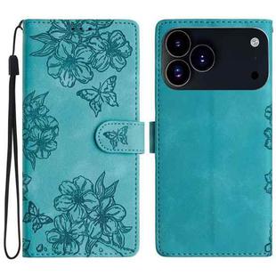 For iPhone 17 Pro Cherry Blossom Butterfly Skin Feel Embossed PU Phone Case(Green)