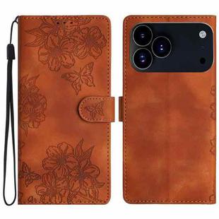 For iPhone 17 Pro Cherry Blossom Butterfly Skin Feel Embossed PU Phone Case(Brown)