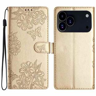 For iPhone 17 Pro Cherry Blossom Butterfly Skin Feel Embossed PU Phone Case(Gold)
