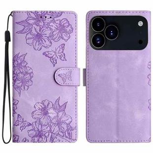 For iPhone 17 Pro Max Cherry Blossom Butterfly Skin Feel Embossed PU Phone Case(Purple)