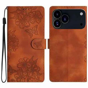 For iPhone 17 Pro Max Cherry Blossom Butterfly Skin Feel Embossed PU Phone Case(Brown)
