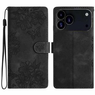 For iPhone 17 Pro Max Cherry Blossom Butterfly Skin Feel Embossed PU Phone Case(Black)