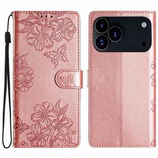 For iPhone 17 Pro Max Cherry Blossom Butterfly Skin Feel Embossed PU Phone Case(Rose Gold)
