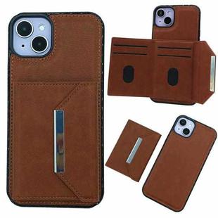 For iPhone 15 Plus Solid Color Metal Buckle Card Slots Bag Phone Case(Brown)