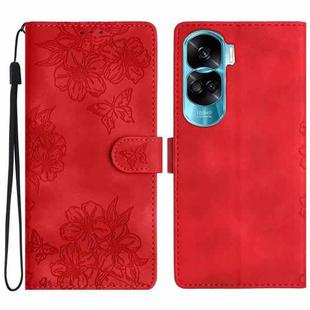 For Honor 90 Lite 5G Cherry Blossom Butterfly Skin Feel Embossed PU Phone Case(Red)