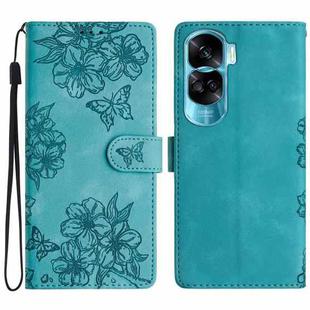 For Honor 90 Lite 5G Cherry Blossom Butterfly Skin Feel Embossed PU Phone Case(Green)