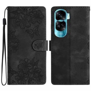 For Honor 90 Lite 5G Cherry Blossom Butterfly Skin Feel Embossed PU Phone Case(Black)