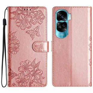 For Honor 90 Lite 5G Cherry Blossom Butterfly Skin Feel Embossed PU Phone Case(Rose Gold)