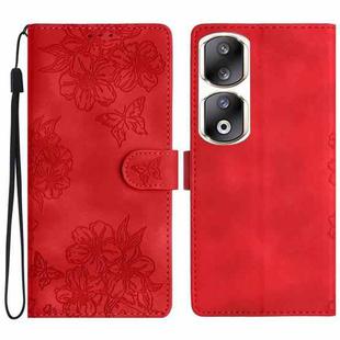 For Honor 90 Pro 5G Cherry Blossom Butterfly Skin Feel Embossed PU Phone Case(Red)