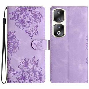 For Honor 90 Pro 5G Cherry Blossom Butterfly Skin Feel Embossed PU Phone Case(Purple)