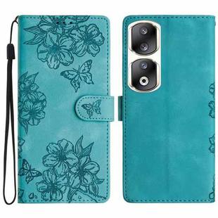 For Honor 90 Pro 5G Cherry Blossom Butterfly Skin Feel Embossed PU Phone Case(Green)