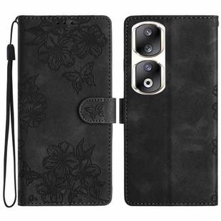 For Honor 90 Pro 5G Cherry Blossom Butterfly Skin Feel Embossed PU Phone Case(Black)