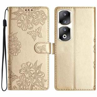 For Honor 90 Pro 5G Cherry Blossom Butterfly Skin Feel Embossed PU Phone Case(Gold)