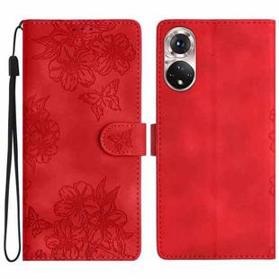 For Honor 50 Cherry Blossom Butterfly Skin Feel Embossed PU Phone Case(Red)