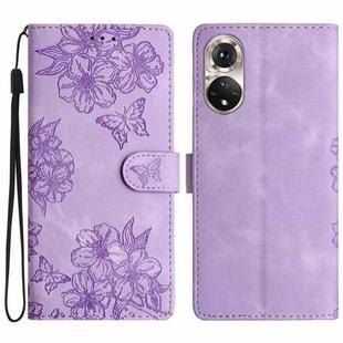 For Honor 50 Cherry Blossom Butterfly Skin Feel Embossed PU Phone Case(Purple)