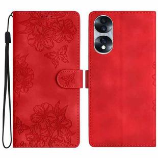 For Honor 70 Cherry Blossom Butterfly Skin Feel Embossed PU Phone Case(Red)