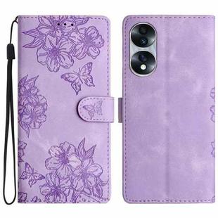 For Honor 70 Cherry Blossom Butterfly Skin Feel Embossed PU Phone Case(Purple)