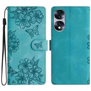 For Honor 70 Cherry Blossom Butterfly Skin Feel Embossed PU Phone Case(Green)