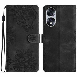 For Honor 70 Cherry Blossom Butterfly Skin Feel Embossed PU Phone Case(Black)