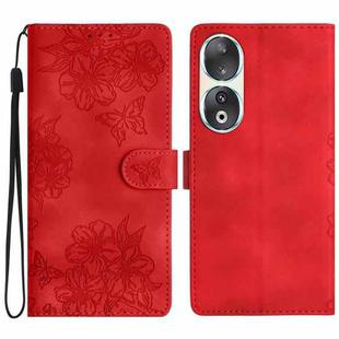 For Honor 90 Cherry Blossom Butterfly Skin Feel Embossed PU Phone Case(Red)