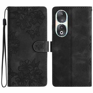 For Honor 90 Cherry Blossom Butterfly Skin Feel Embossed PU Phone Case(Black)