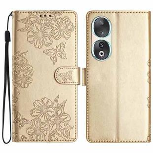 For Honor 90 Cherry Blossom Butterfly Skin Feel Embossed PU Phone Case(Gold)