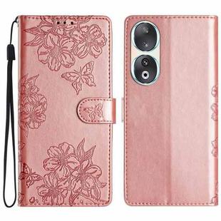 For Honor 90 Cherry Blossom Butterfly Skin Feel Embossed PU Phone Case(Rose Gold)