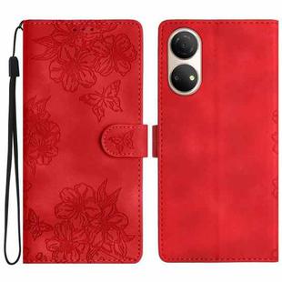 For Honor X7 Cherry Blossom Butterfly Skin Feel Embossed PU Phone Case(Red)