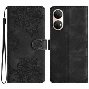 For Honor X7 Cherry Blossom Butterfly Skin Feel Embossed PU Phone Case(Black)