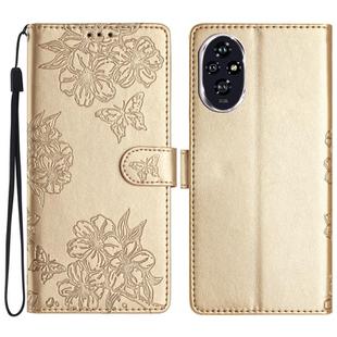 For Honor 200 Pro Cherry Blossom Butterfly Skin Feel Embossed PU Phone Case(Gold)