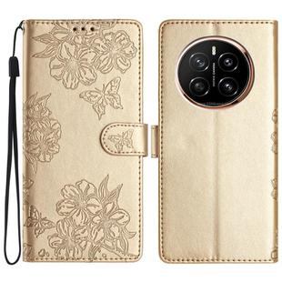 For Honor Magic7 Pro Cherry Blossom Butterfly Skin Feel Embossed PU Phone Case(Gold)