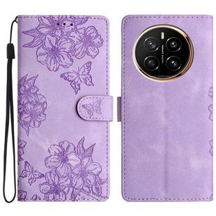 For Honor Magic7 Cherry Blossom Butterfly Skin Feel Embossed PU Phone Case(Purple)